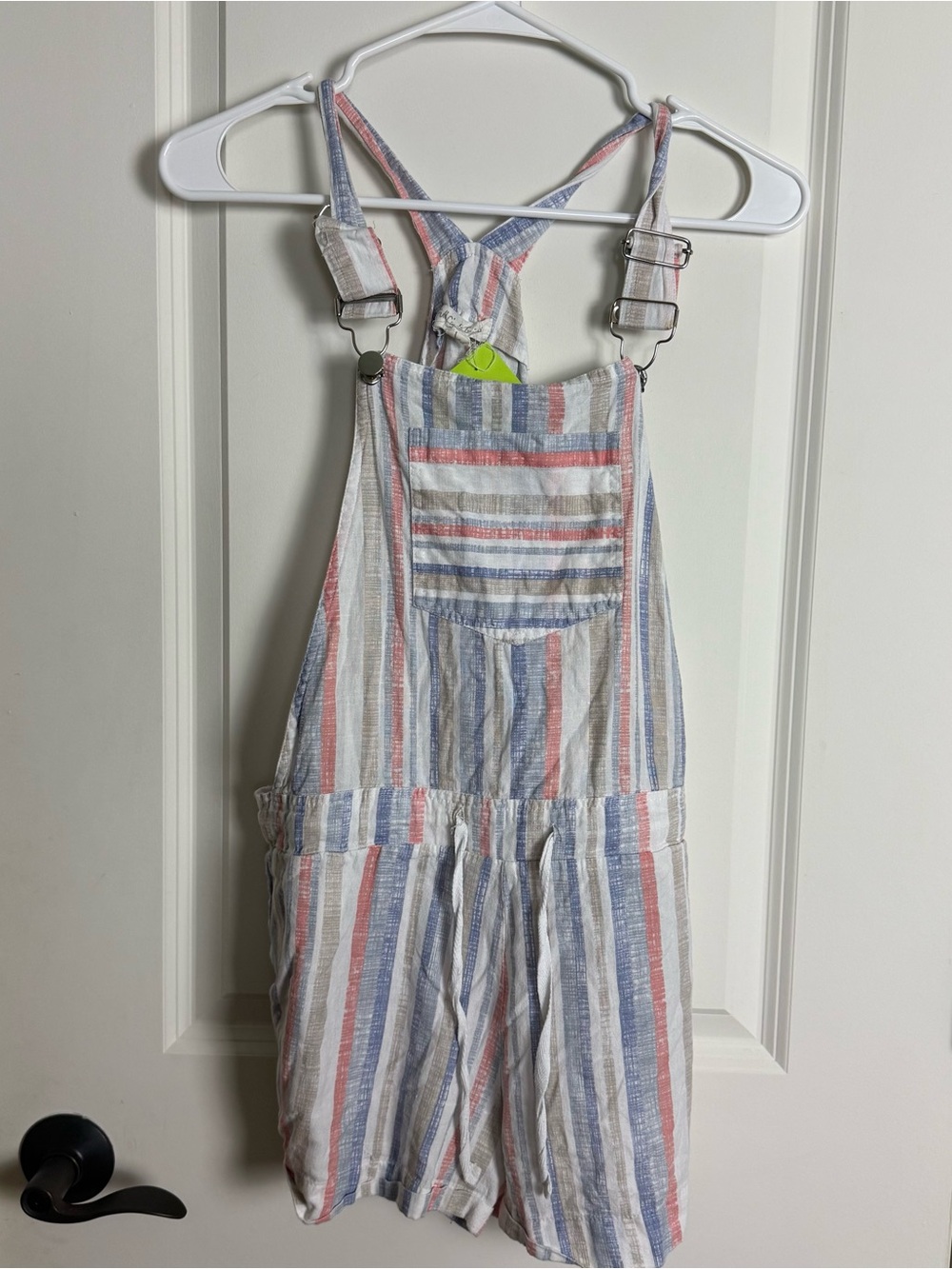Striped Linen-Blend Women's Bermuda Overalls - Blue, Red & White